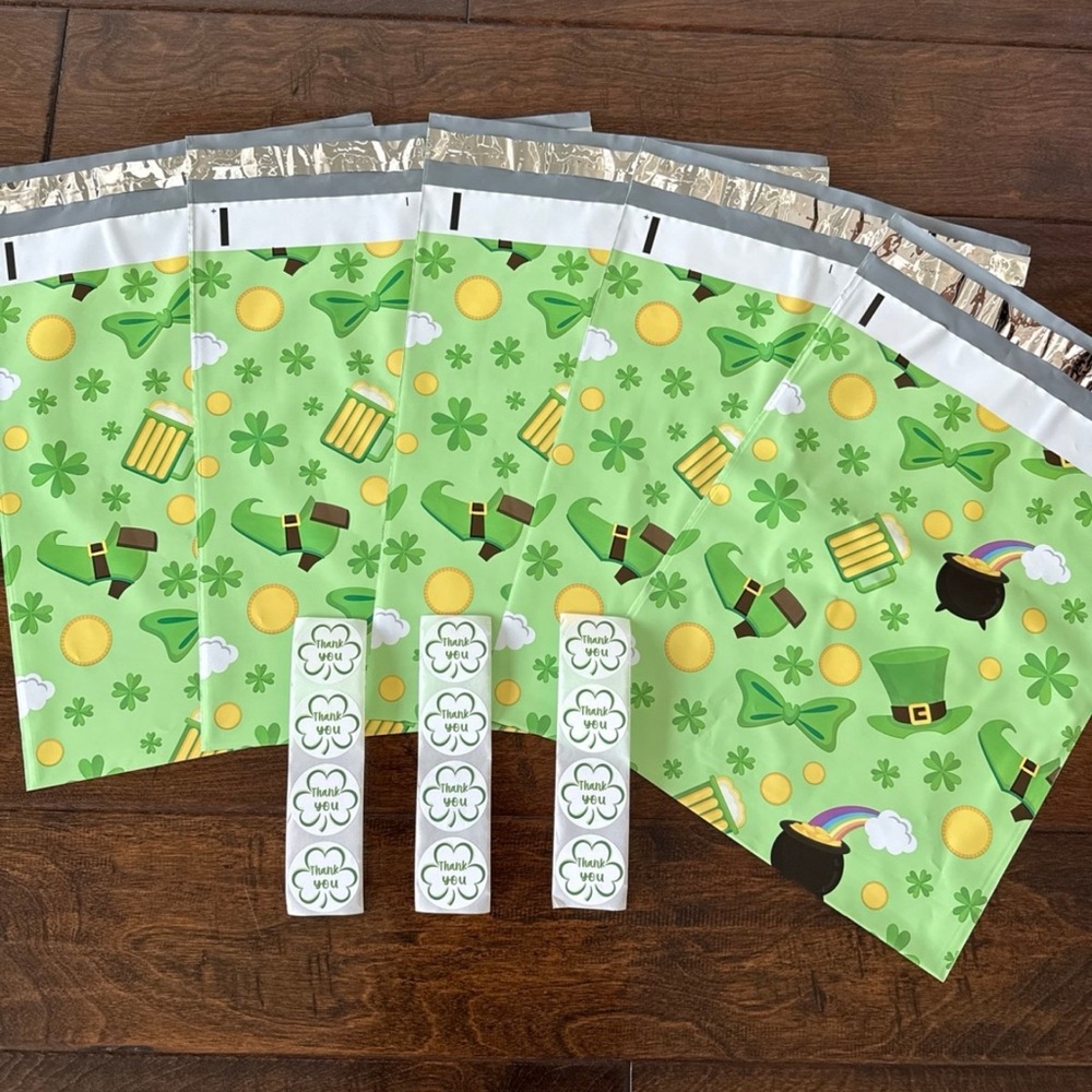 50 Pack - 10x13” St Patrick’s Day Poly Mailers/Thank You Stickers Mix (25 Each)